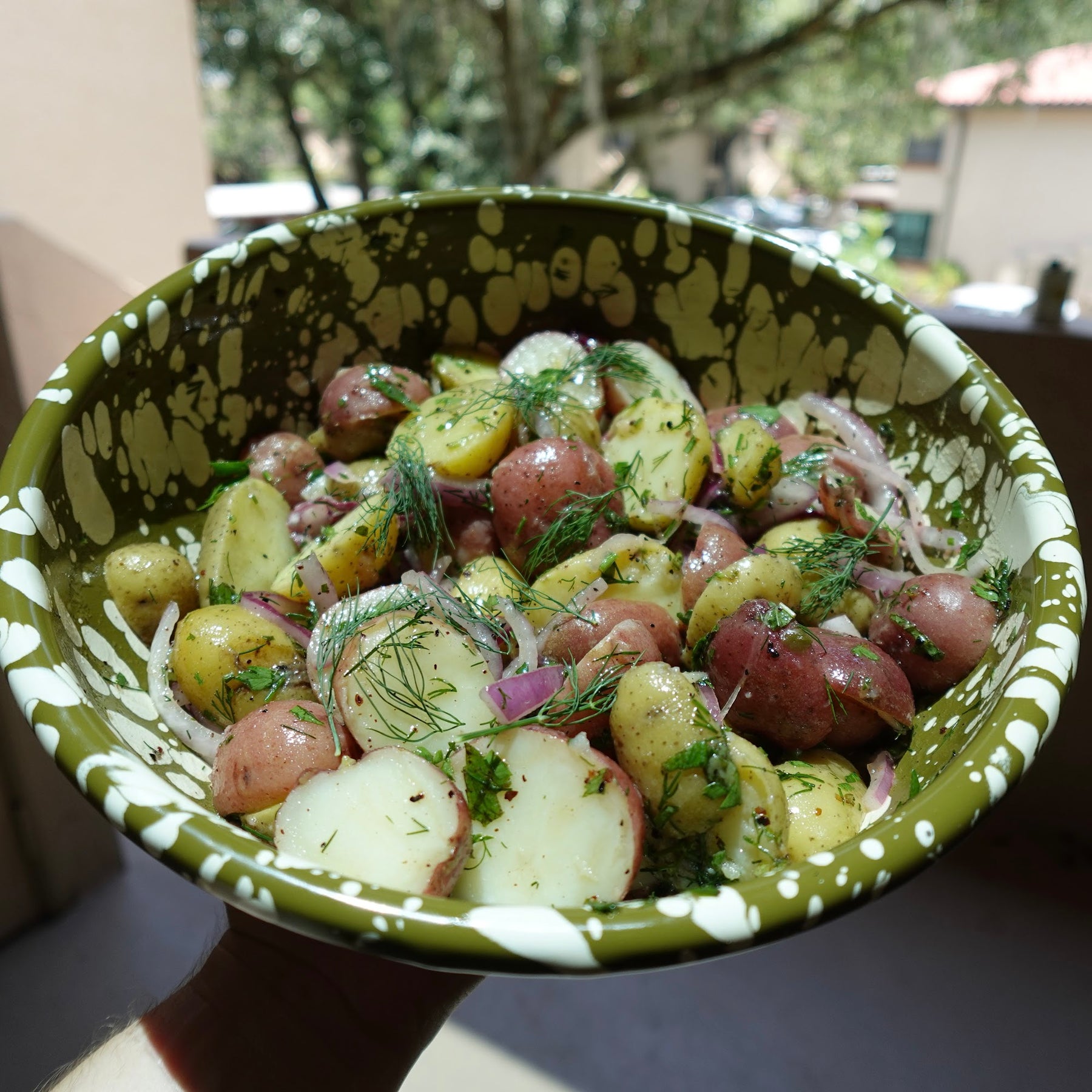 Mediterranean potato salad with lemon olive oil, sumac onions, capers, and fresh herbs in a serving bowl.