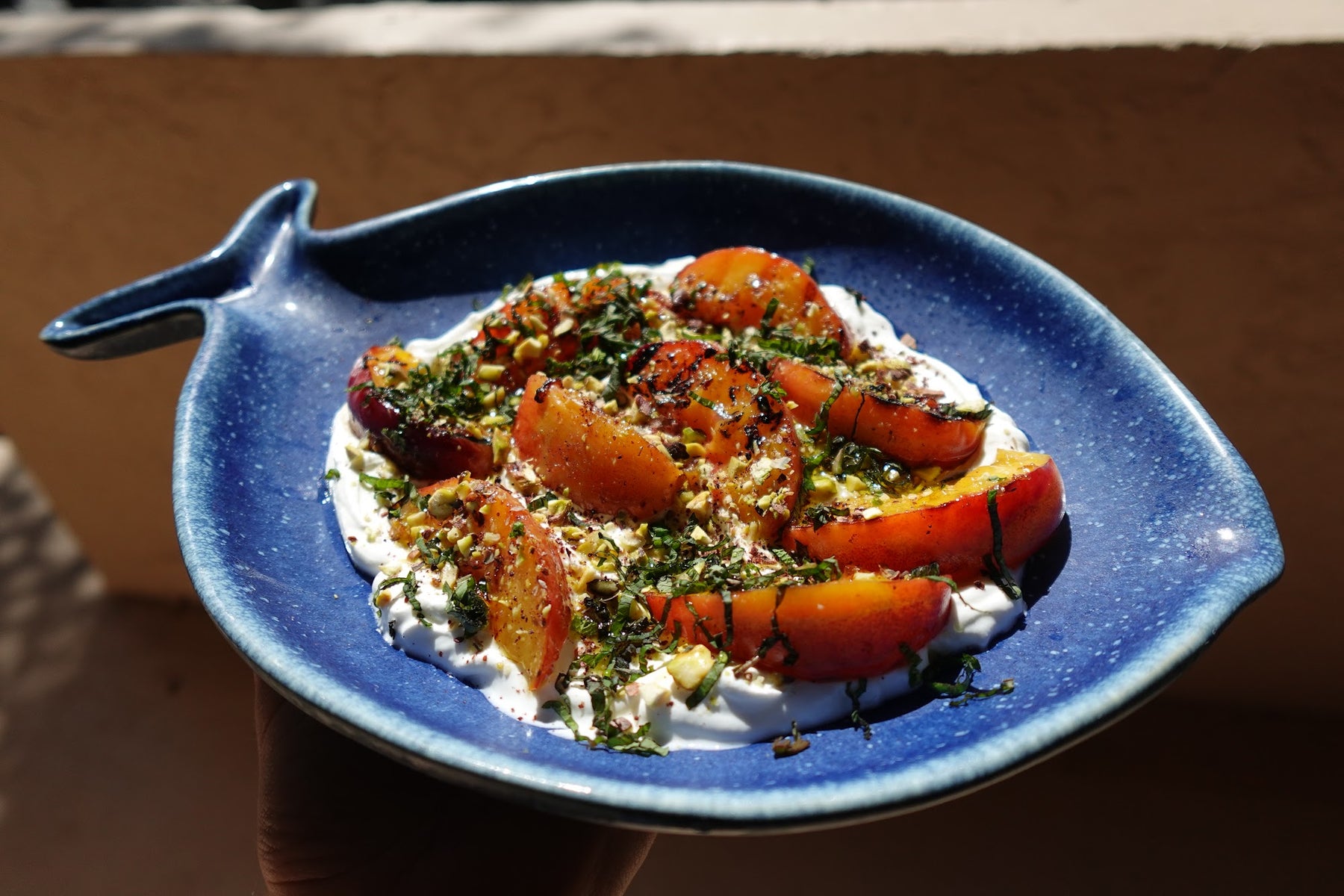 Grilled peaches with char marks arranged over creamy labneh, topped with chopped pistachios, sumac, fresh mint, and a drizzle of olive oil