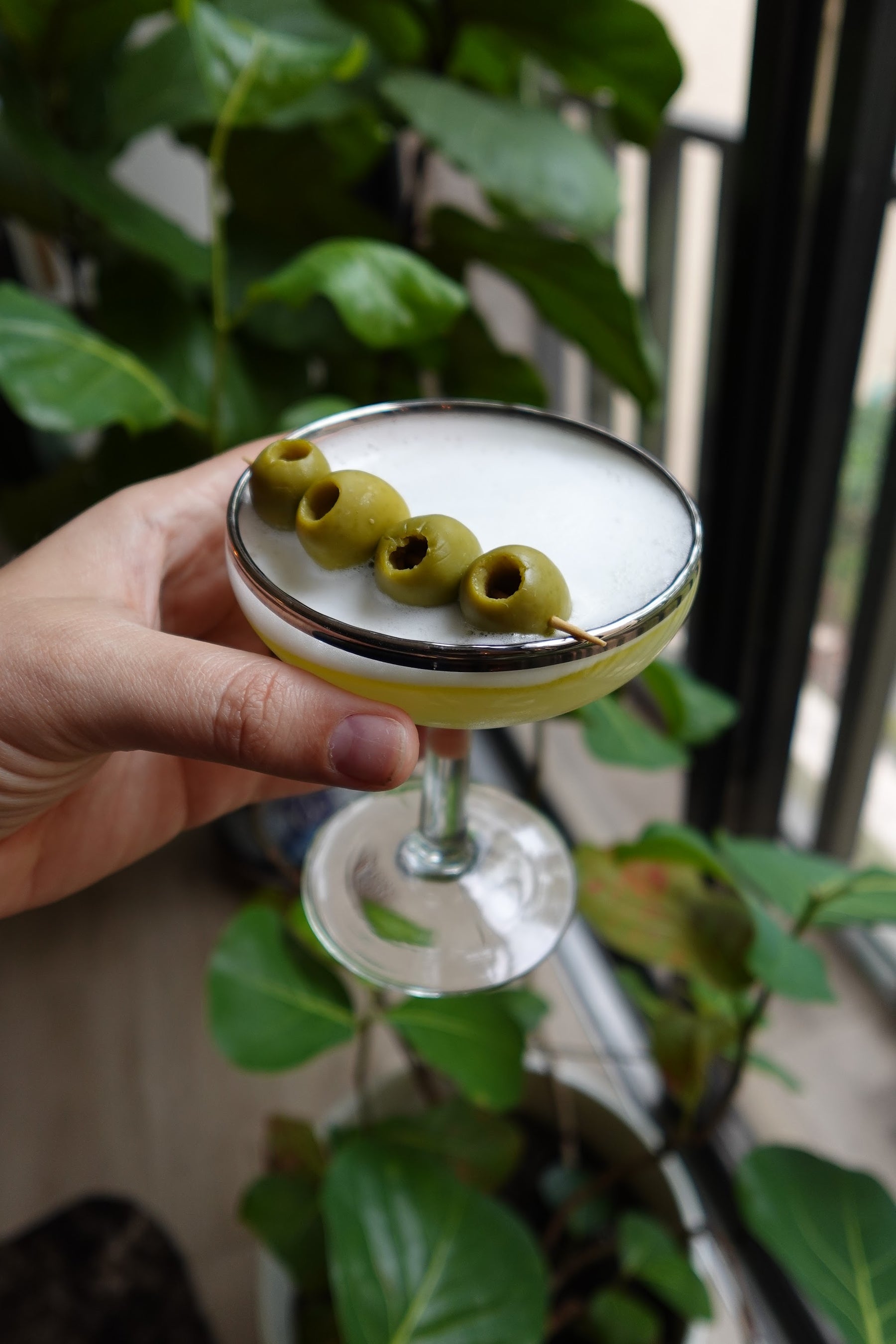 Olive oil rakı sour cocktail in a chilled coupe glass with frothy egg white foam and a Castelvetrano olive garnish